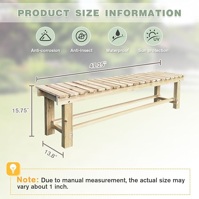 LSPYYDS Outdoor Garden Bench, 3-Person Wood Patio Bench Weatherproof Outdoor Backless Bench, Anti-Corrosion and Anti-Rust Garden Benches for Garden Lawn Porch Park Backyard (Natural,47.25''/120cm)