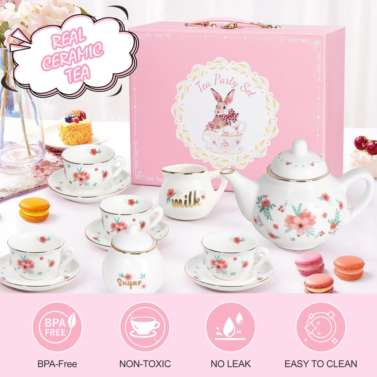 Porcelain Tea Set for Girls, Tea Party Set for Little Girls, Kids Tea Set Kitchen Pretend Play, Princess Tea Time Playset with Teapot Cups Carry Case, Toddler Girl Toys Birthday Gifts Age 3+