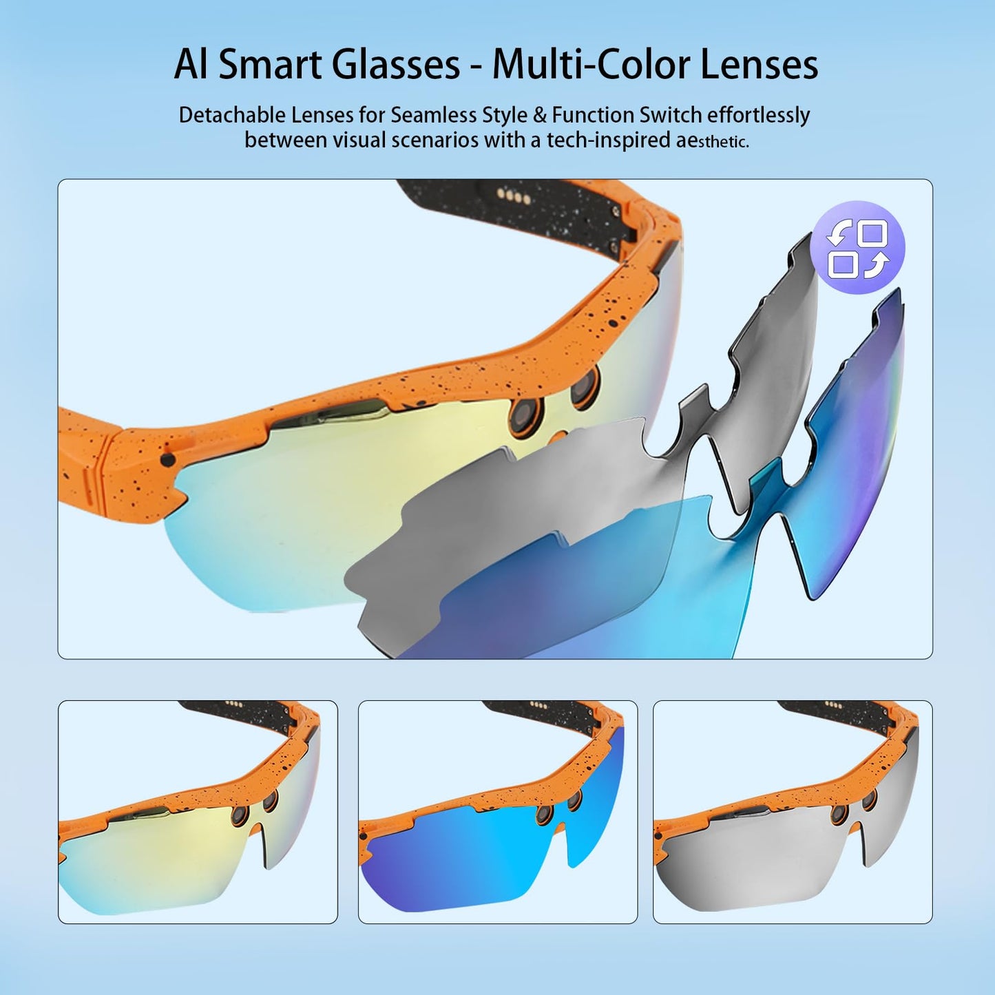 XTUOSHP 2026 AI Smart Cycling Glasses with Anti-Shake 8MP Camera,Sports Bluetooth Camera Sunglasses with Translation, AI Assistant,Object Recognition, Conferences Recording, IP64 Waterproof