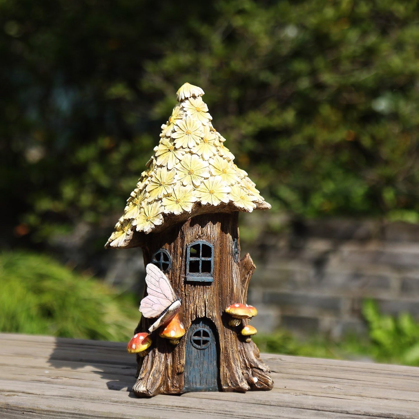 Resin Fairy House Statue Garden Flower Solar Powered Garden Statue Fairy House for Outdoor Decor,Yellow Wild Chrysanthemum