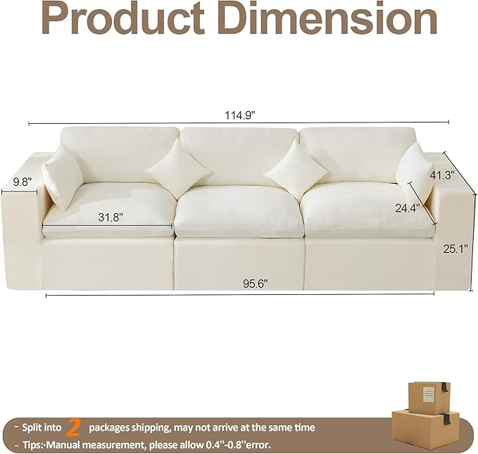 115''Cloud Boneless Sectional Couch, Modular Sectional Sofa Deep Seat, Oversized Upholstered Convertible Comfy 3 Seater Chenille Memory Foam Sofa Couches for Living Room, Beige