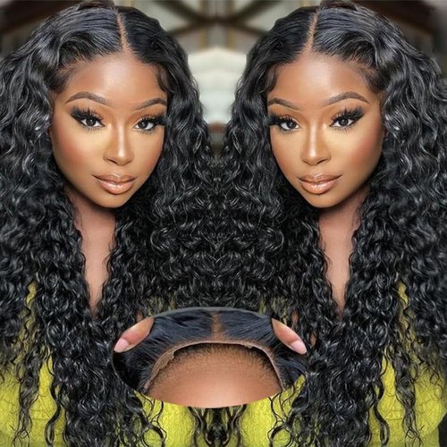 ALLRUN Wear and Go 4x4 Water Wave Closure Wig Human Hair 18 Inch Curly Wig for Black Women Glueless HD Lace Pre-Cut Pre-Plucked Bleached 180% Density