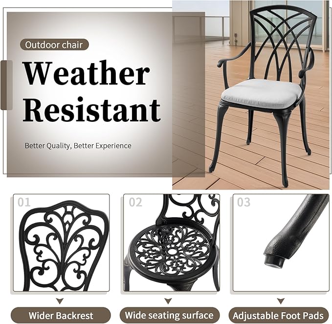 Withniture Patio Bistro Sets Cast Aluminum Bistro Table and Chairs Set of 2 with Umbrella Hole,Outdoor Bistro Set with Cushion for Yard (BLACK1)