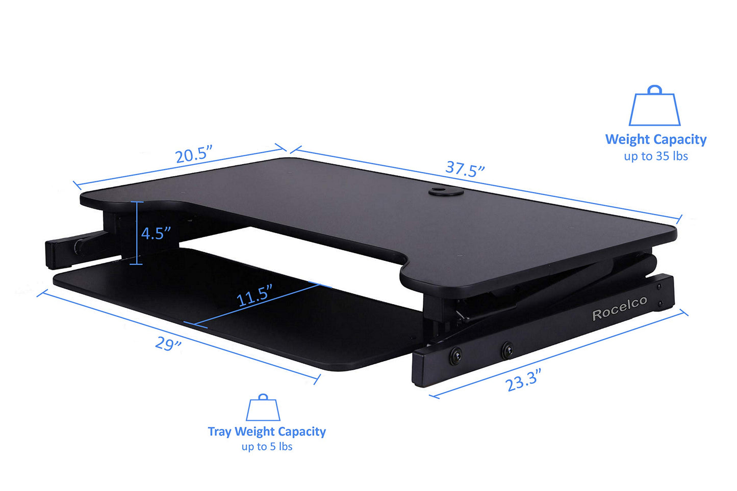 Rocelco 37.5" Deluxe Height Adjustable Standing Desk Converter - Quick Sit Stand Up Dual Monitor Riser - Gas Spring Assist Computer Workstation - Large Retractable Keyboard Tray - Black (R DADRB)