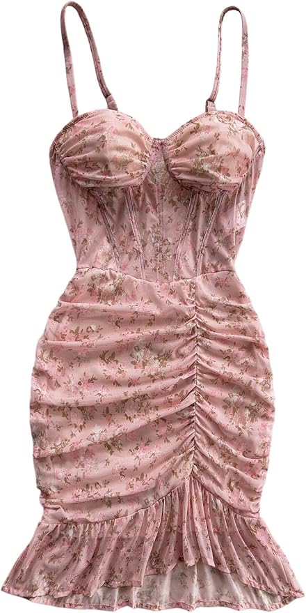 Verdusa Women's Floral Ruched Bodycon Dresses Ruffle Sleeveless Cami Mini Dress Brunch Outfits