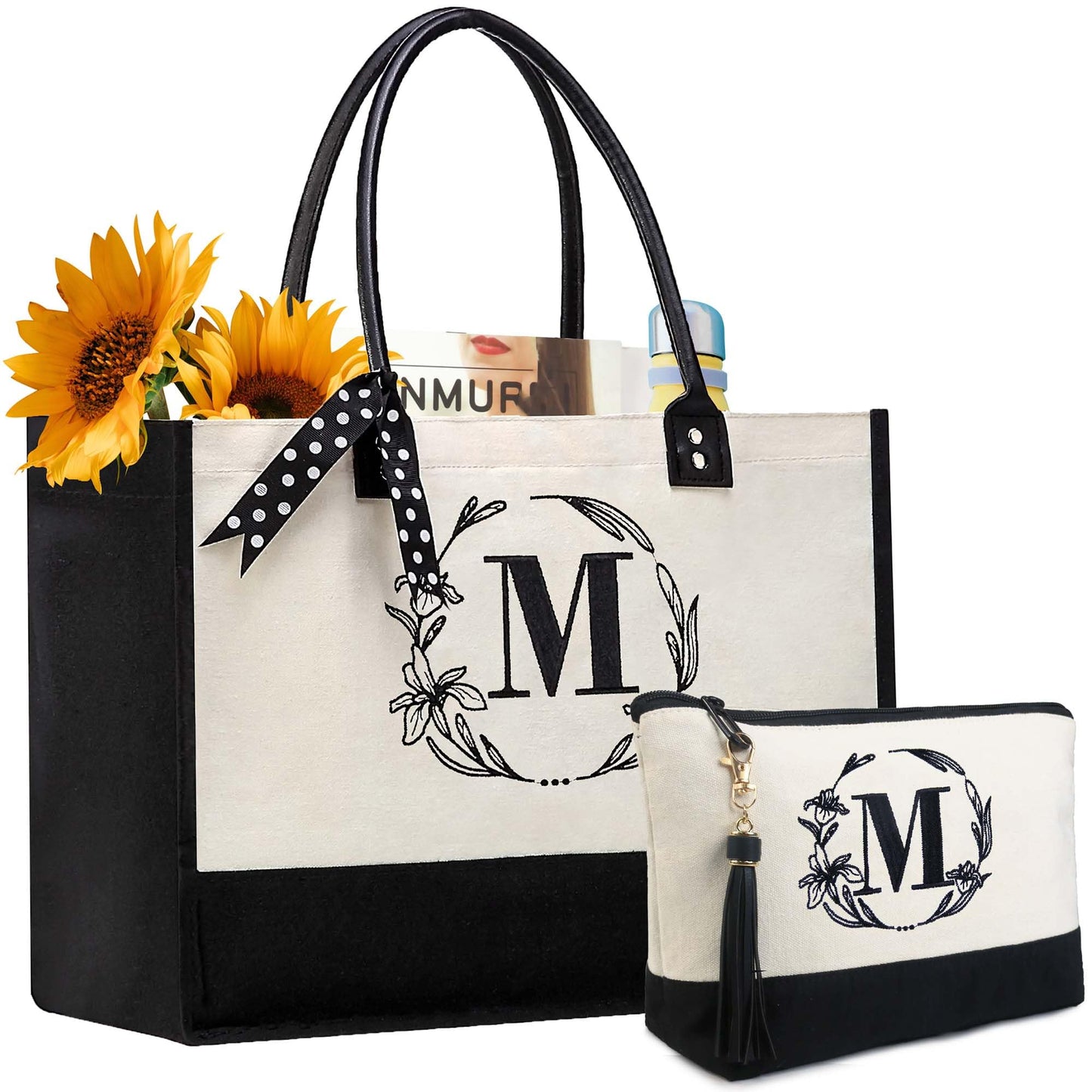 BeeGreen Birthday Gifts Personalized Women's Large White and Black Canvas Tote Bag, Embroidered Initials, Leather Handle, Zipper Closure