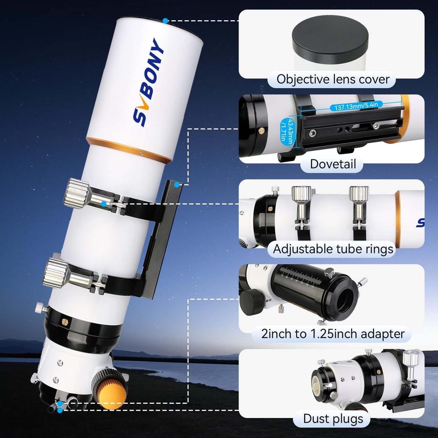 SVBONY SV503 Refractor Telescope, 80mm F7 Extra Low Dispersion Achromatic Refractor OTA, Dual-Speed Focuser, Telescope for Adults, for Astronomical Observation and Photography