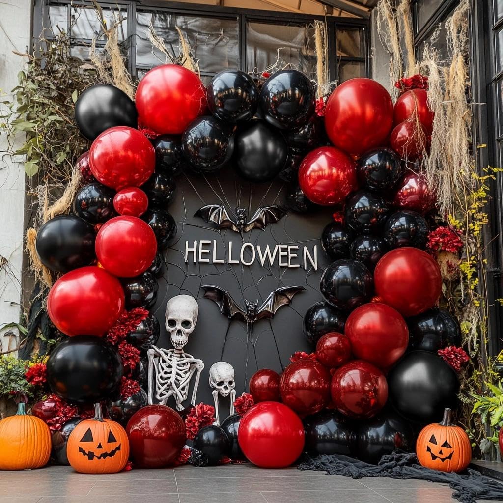Black Red Balloon Garland Double Stuffed Burgundy Black Balloons Maroon Ruby Red Balloon Arch for Birthday Wedding Halloween Graduation Love Christmas Party Decorations