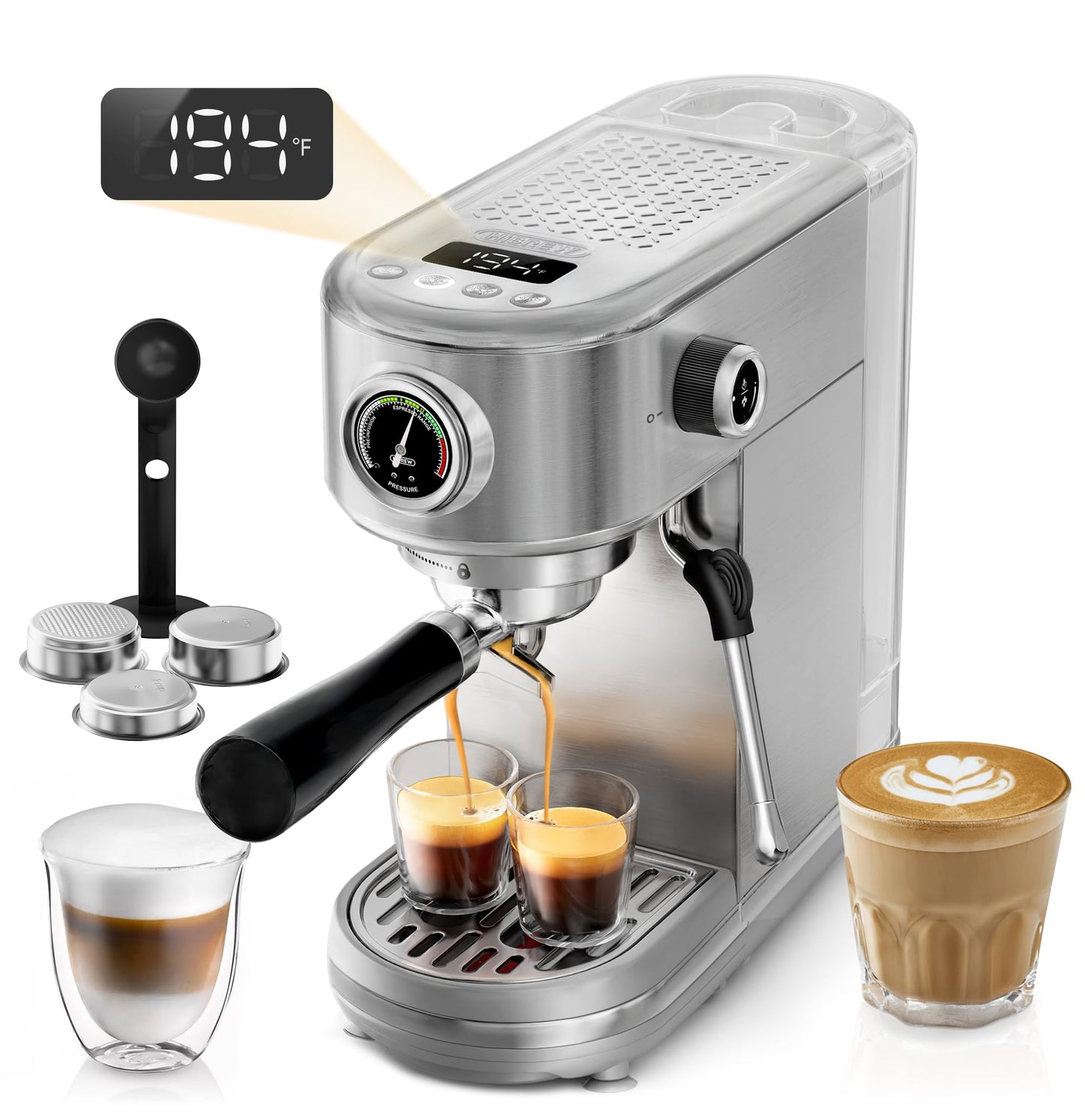 HIBREW H10B Professional Espresso Machine, 20 Bar Compact Espresso Maker with Powerful Steam Milk Frother, Stainless Steel Coffee Machine with LED Display, Adjustable Temperature & Cup Volume