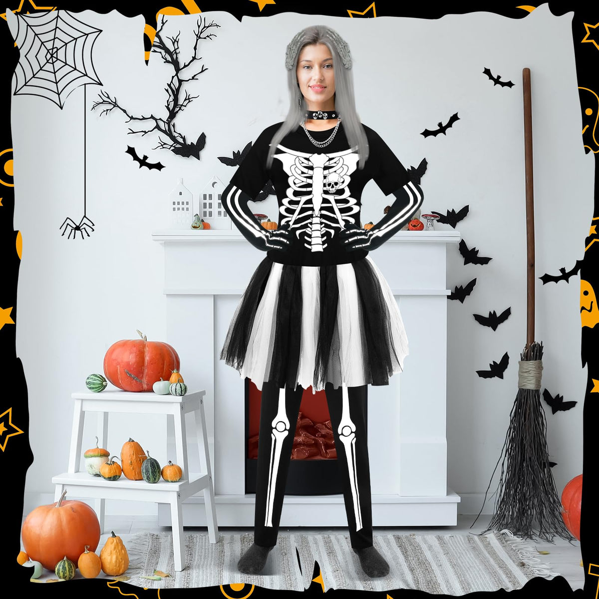 Maiteenly 13 Pcs Halloween Glow in The Dark Skeleton Costume for Women Set Adult Punk Bones Tutu Dress Hairpiece Necklace(3XL)