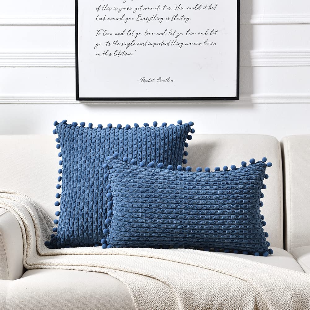 Fancy Homi Set of 2 Dusty Blue Decorative Throw Pillow Covers 18x18 Inch with Pom-poms for Couch Bed Sofa, Rustic Farmhouse Boho Home Decor, Soft Plush Corduroy Cute Cushion Case 45x45 cm