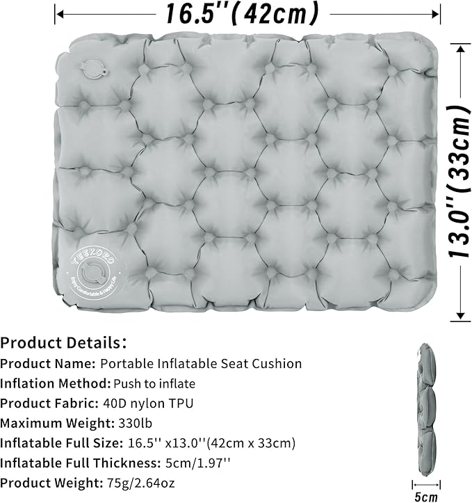 YEEKORO Inflatable Seat Cushion, Lightweight Camping Air Sitting Pad with Repair Cloths, Waterproof Air Seat Cushion, Portable Push-Press Seat Cushion for Airplane Travel Hiking Office Stadium Seat