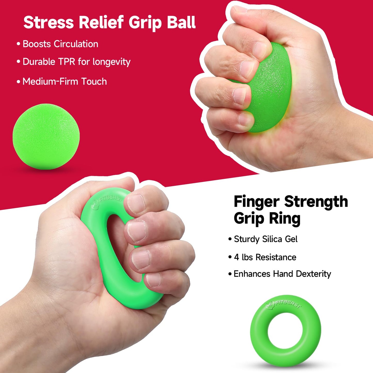 FitBeast Hand Grip Strengthener Workout Kit (5 Pack), 2 Forearm Grip Adjustable Resistance Hand Gripper, Finger Stretcher, Grip Ring & Stress Relief Grip Ball for Athletes, Light Green