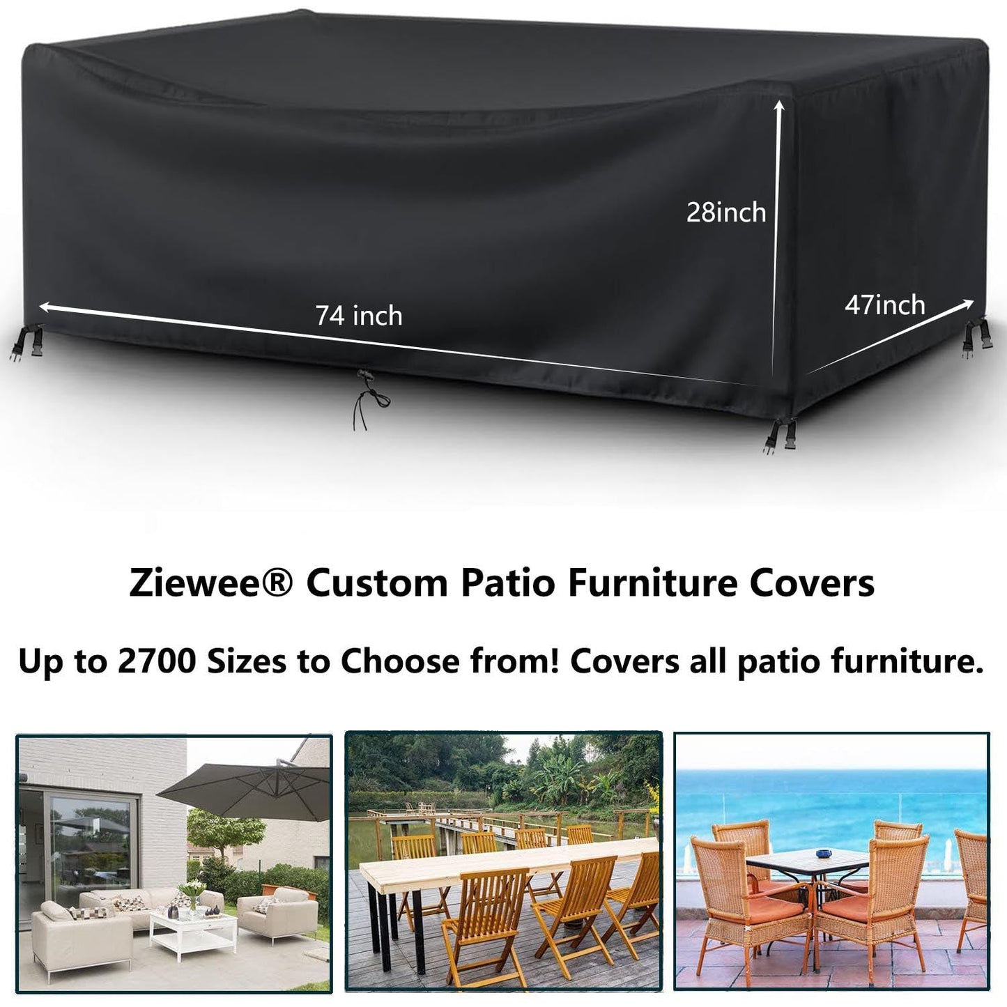 Patio Furniture Covers Outdoor Table Cover Waterproof Rectangular 420D Garden Dining Table Cover Wind Dust Proof Anti-UV Patio Sectional Couch Cover Table and Chair Set Covers 74"Lx47"Wx28"H Black