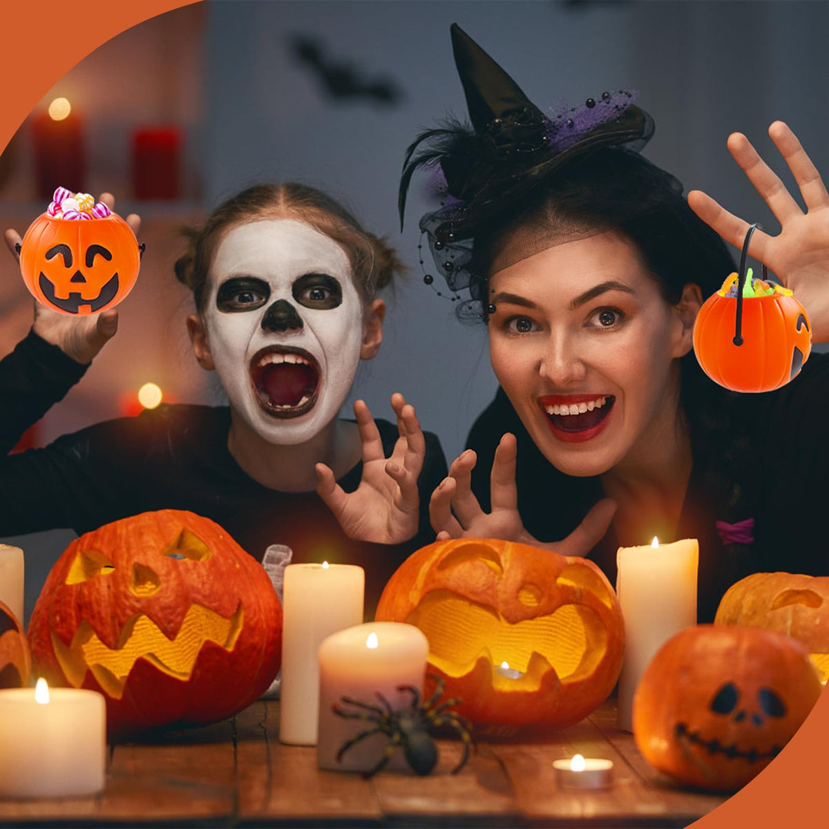 Lshfwn 24 Pcs Mini Halloween Portable Pumpkin Bucket,2.8 In Plastic Pumpkin Candy Bucket,Trick or Treat Candy Pail Holder for Halloween Party Favor,Decoration Props