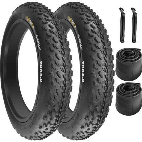 20" E-Bike Fat Tires 20 x 4.0 Folding Bead Tire for Electric Bicycles or with AV32mm Tubes Compatible Wide Mountain Snow Bike Tire (2 Tires 2 Tubes)