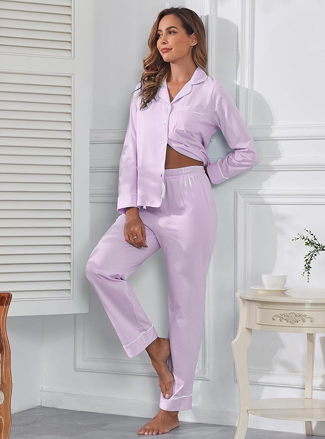 Veseacky 100% Cotton Pajamas for Women Set Long Sleeve Button Down Sleepwear Soft Pjs Lounge Sets with Pockets XS-XXL