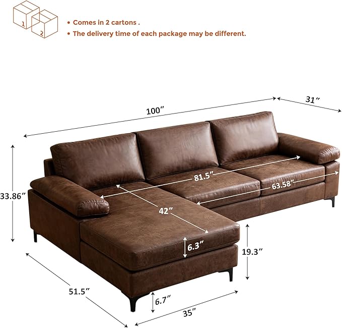 VANOMi 100" Couches for Living Room, Faux Leather Sectional Sofa with Chaise, Convertible L-Shape Sofa & Couches for Living Room,3 Seater, Apartment, Right/Left-L-Shaped, Dark Brown