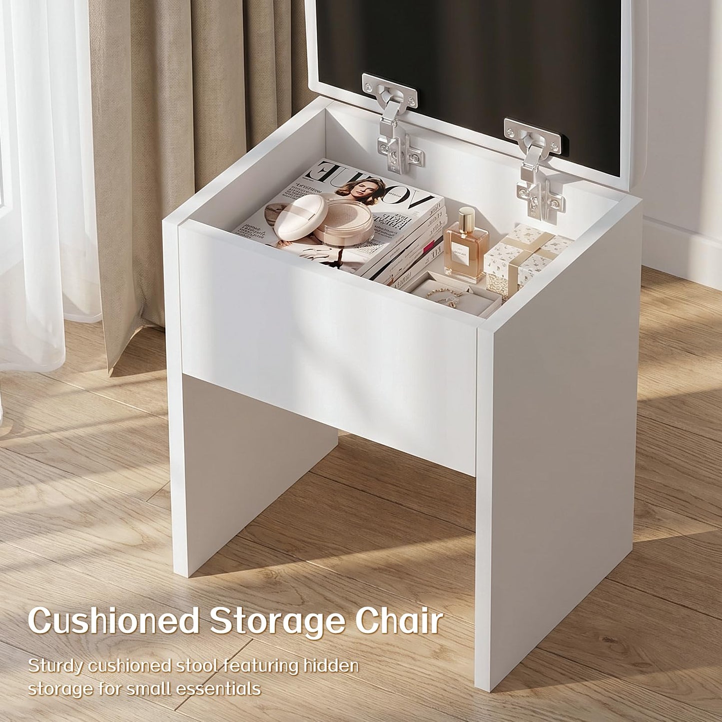 FUXA Makeup Vanity Desk with LED Mirror and Charging Station, Vanity Table Set with Storage Drawers, Shelves and Chair, Dressing Table with 3 Lighting Modes for Bedroom, White