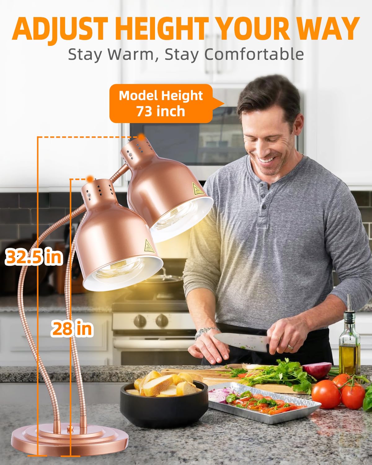 Food Heat Lamp: [Rapid-Heating Bulbs Included] [Steady Heating] Commercial Food Warmer Lamp, Electric Heat Lamp for Food Catering Food Warming Lamp for Buffet Parties (Painted Copper, 32" (2-Head))