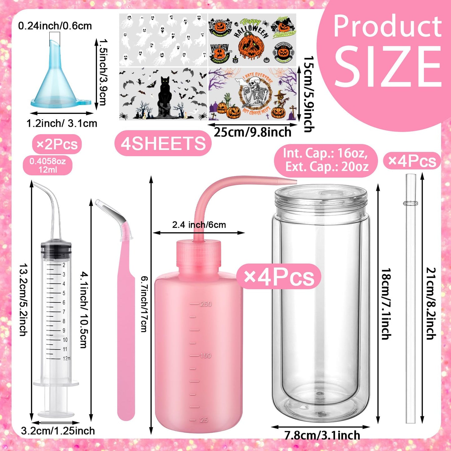 Meanplan 4 Pack Halloween DIY Snow Globe Tumbler 16oz Cup Wraps Pink Ribbon Glitter Supplies Kit Double Wall Snowglobe Glass with Cup Holder Scraper Resin Flashlight for Snow Globe Glitter DIY