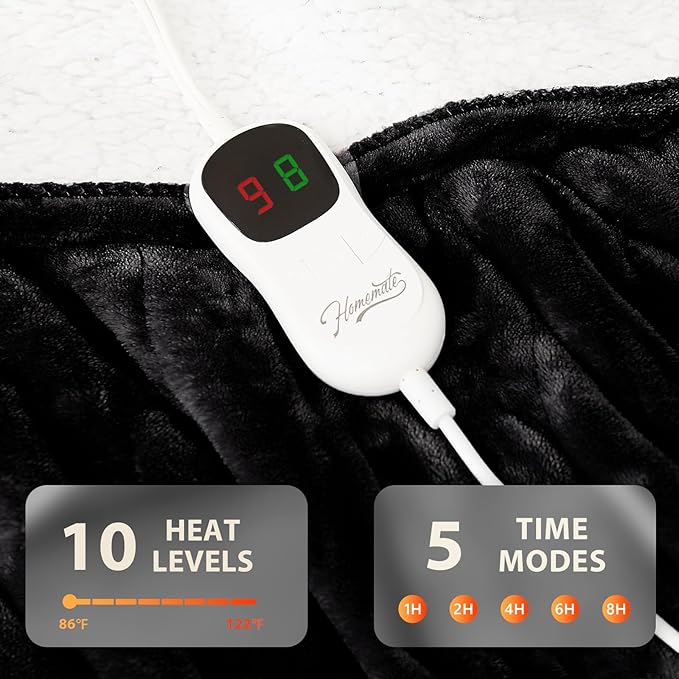 Homemate Electric Heated Blanket Twin - 62"x84" Heating Bed Blankets Throw with 10 Heating Levels 8 Hours Auto Off Fast Heating Over-Heated Protection Ultra Soft Warm Flannel ETL Certified Black
