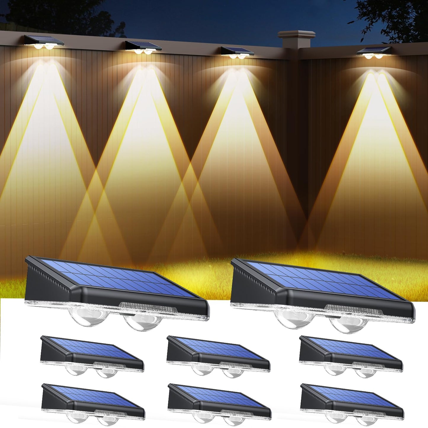 TECKNET Solar Fence Lights Outdoor 8 Pack, 3 Modes 3500K/4500K/6500K, IP66 Waterproof LED Deck Light, Dusk to Dawn Fence Lights Solar for Wall, Railing, Step, Patio, Pool, Backyard, Outside