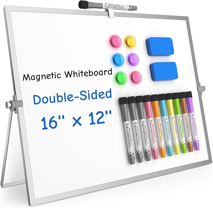 Grtard Dry Erase Magnetic White Board, 16''x12'' Double-Sided Desktop Whiteboard with Stand, Portable Small Whiteboard Se...