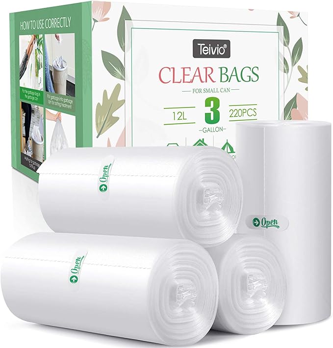 3 Gallon 220 Counts Strong Trash Bags Garbage Bags by Teivio, Bin Liners, for home office kitchen, Clear