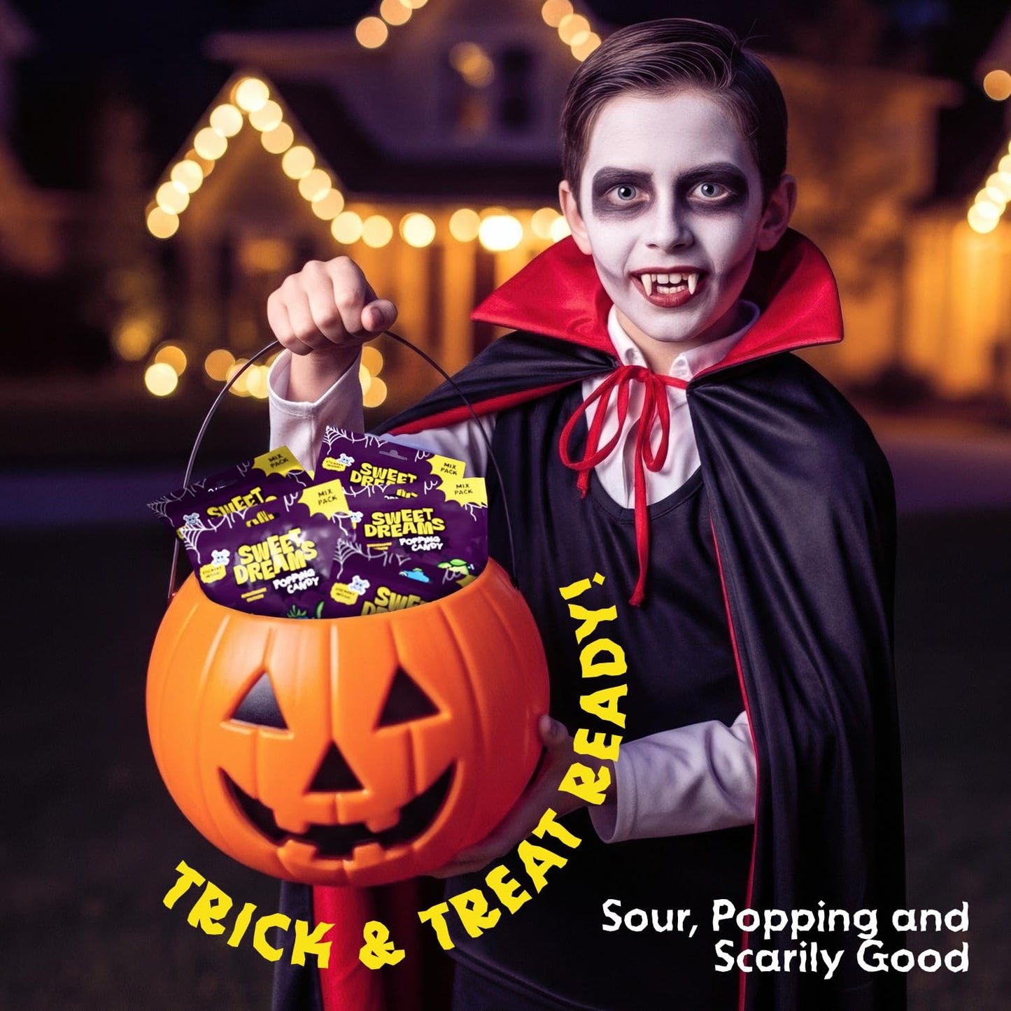 Sweet Dreams Popping Candy | Spooky Ghost Shaped Lollipop with Very Sour Dip Pouches, and Halloween Stickers | Trick or Treat Candies | Mix Pack, 3 Bags (3 pouches in each)- 9 Total Pouches