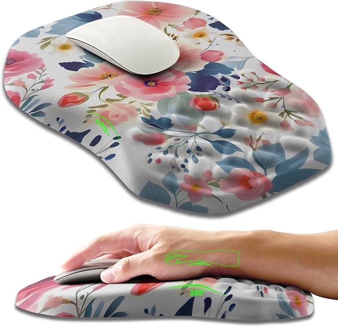 Ergonomic Slope Mouse Pad Wrist Support, Wrist Rest Mousepad for Carpal Tunnel Pain Relief with Massage Bulge and Slow Rebound Memory Foam (12x8 inch, Pink Floral)
