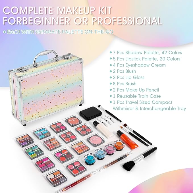 Makeup Kit for Teenager & Women Full Kit, All in One Makeup Set With The Small Cosmetic Train Case, Professional Makeup Kit, Makeup Gift Set for Women Girls (Set A)