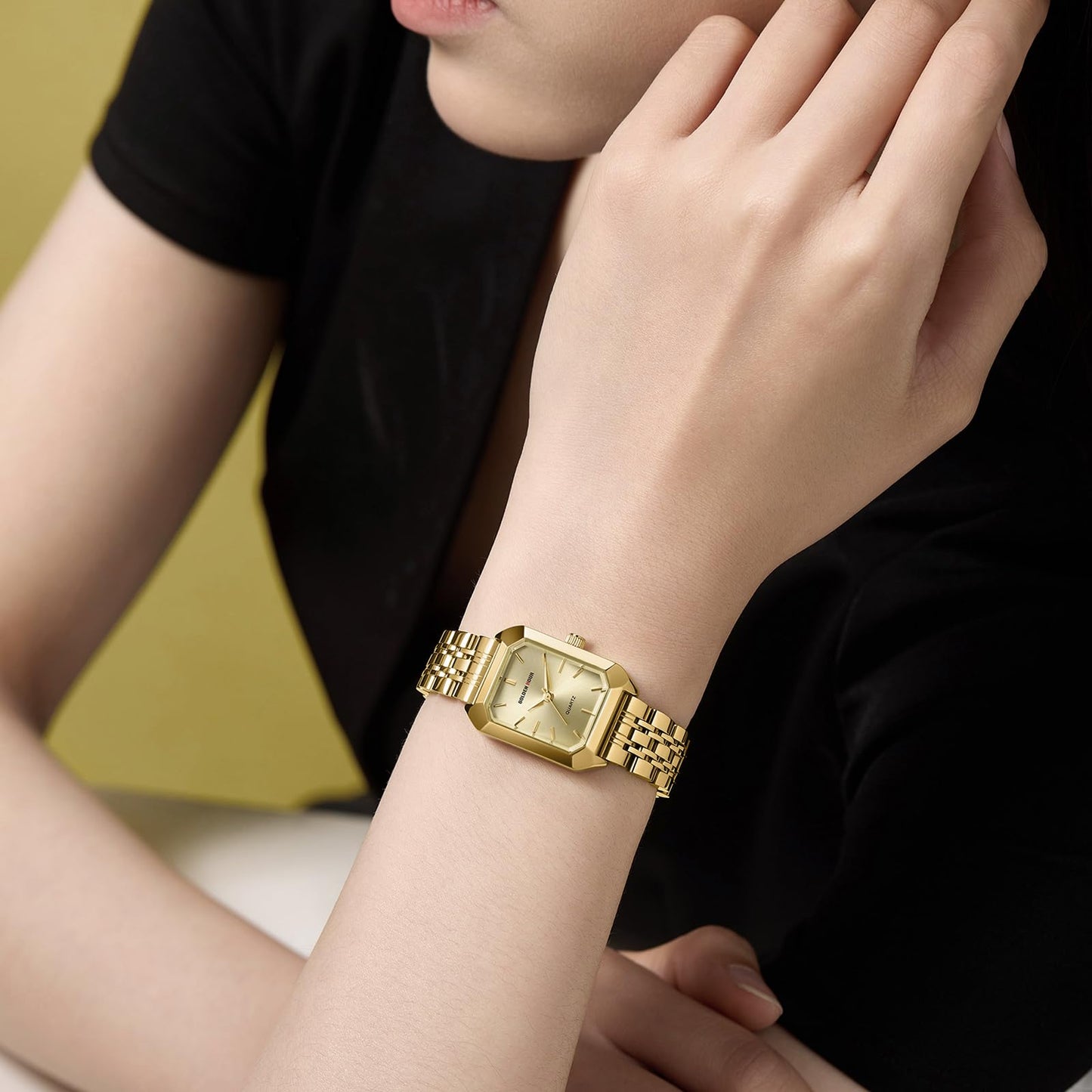 GOLDEN HOUR Women's Rectangular Quartz Watch, Gold Tone Stainless Steel Band, Gold Dial