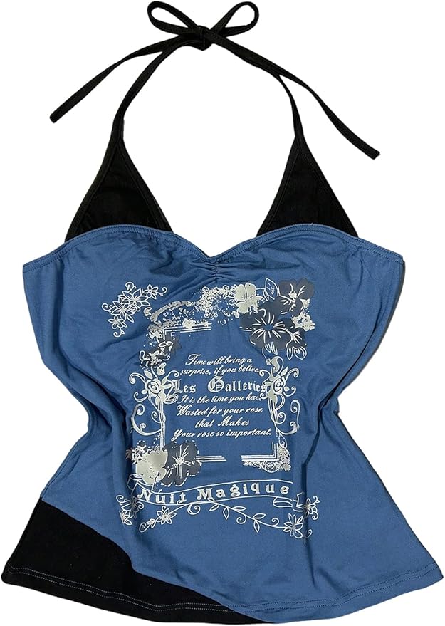 Verdusa Women's Y2K Colorblock Tie Back Halter Top Letter Print Backless Going Out Tops