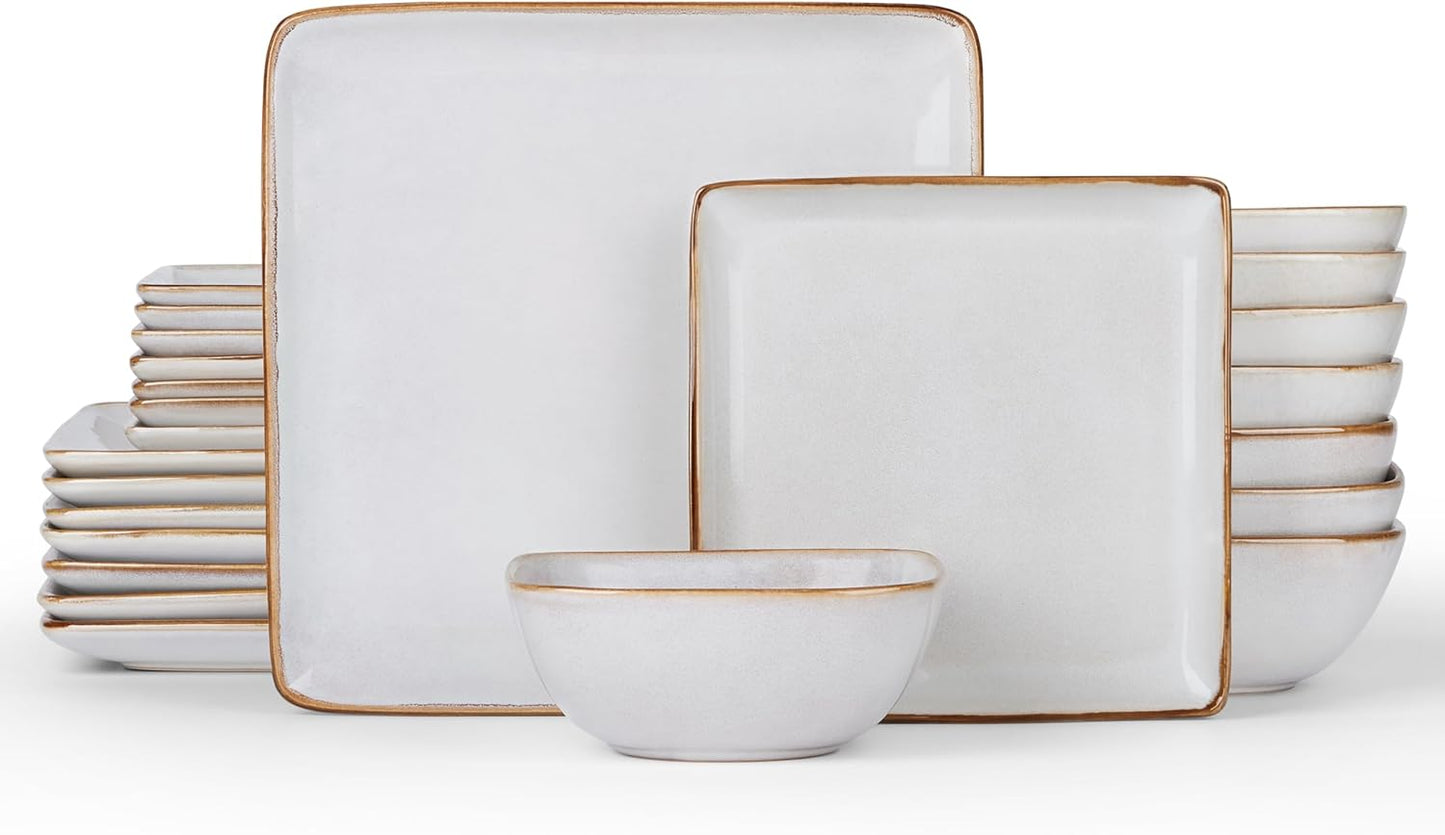 E-far Square Dinnerware Sets for 8, 24-Piece Stoneware Plates and Bowls Dishes Set, Reactive Glaze Porcelain Dishware Sets, Chip & Scratch Resistant, Microwave & Dishwasher Safe, Seashell White