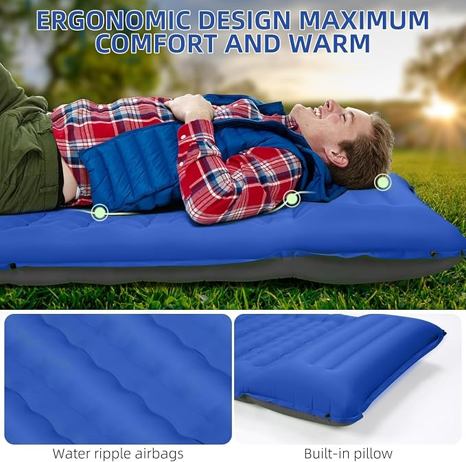 Camping Sleeping Pad, Extra Thick 5 Inch Camping Mat with Pillow, Built-in Foot Pump Inflatable Sleeping Pads Compact for Camping Backpacking Hiking Traveling Tent as Camping Essentials（Blue）