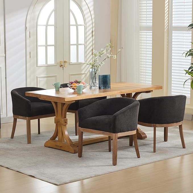 Shenyon Mid Century Modern Dining Chairs Set of 4, Upholstered Linen Fabric Dining Room Chairs with Arms and Solid Wood Legs, Comfy Barrel Accent Chairs for Dining Room, Living Room, or Cafe,Black