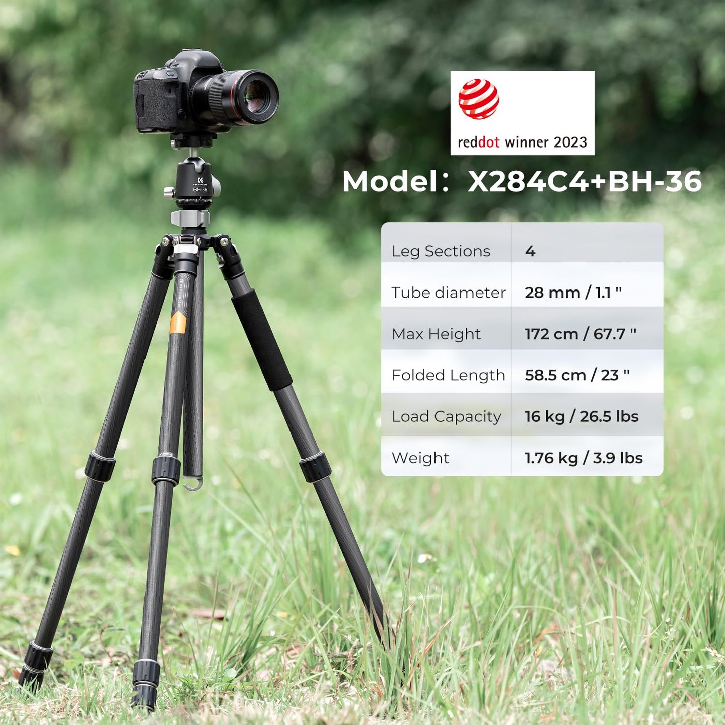 K&F CONCEPT X-Series 68" Carbon Fiber Camera Tripod,Professional Photography Tripod with 36mm Metal Ball Head Load Capacity 35.2lbs for Indoor Outdoor Use X284C4+BH-36