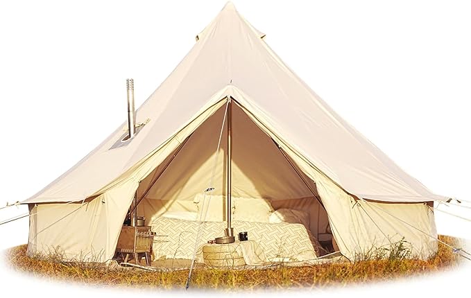 Cotton Canvas Bell Tent, Waterproof Large Tents with Sturdy Center & Door Pole and Space for 4/6/8 Person All 4 Season Cam...