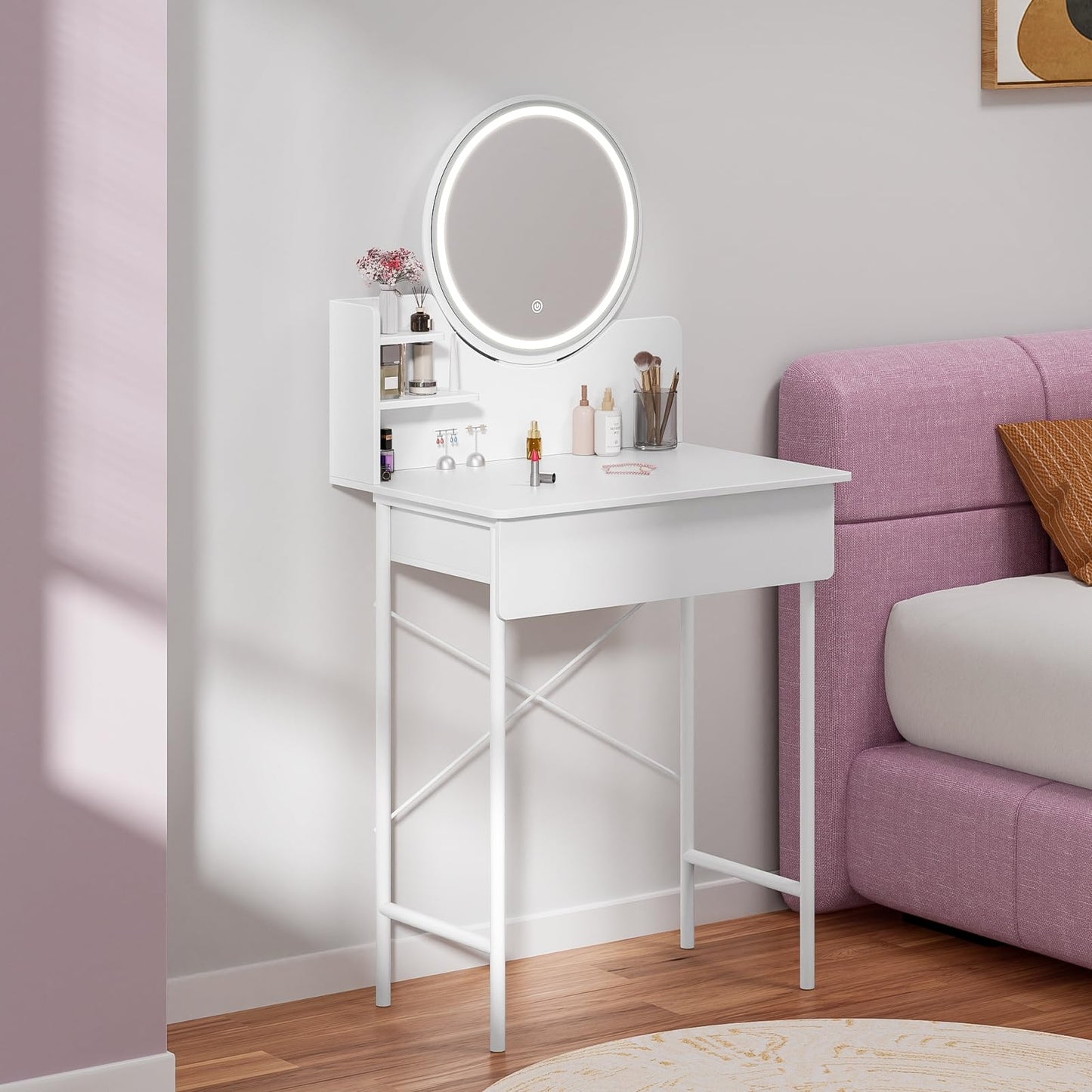 OSKOPWRC Small Makeup Desk, White Makeup Table with LED Lighted Mirror, Dressing Table Drawer, Open Shelves, Adjustable Brightness, Elegant for Women Small White