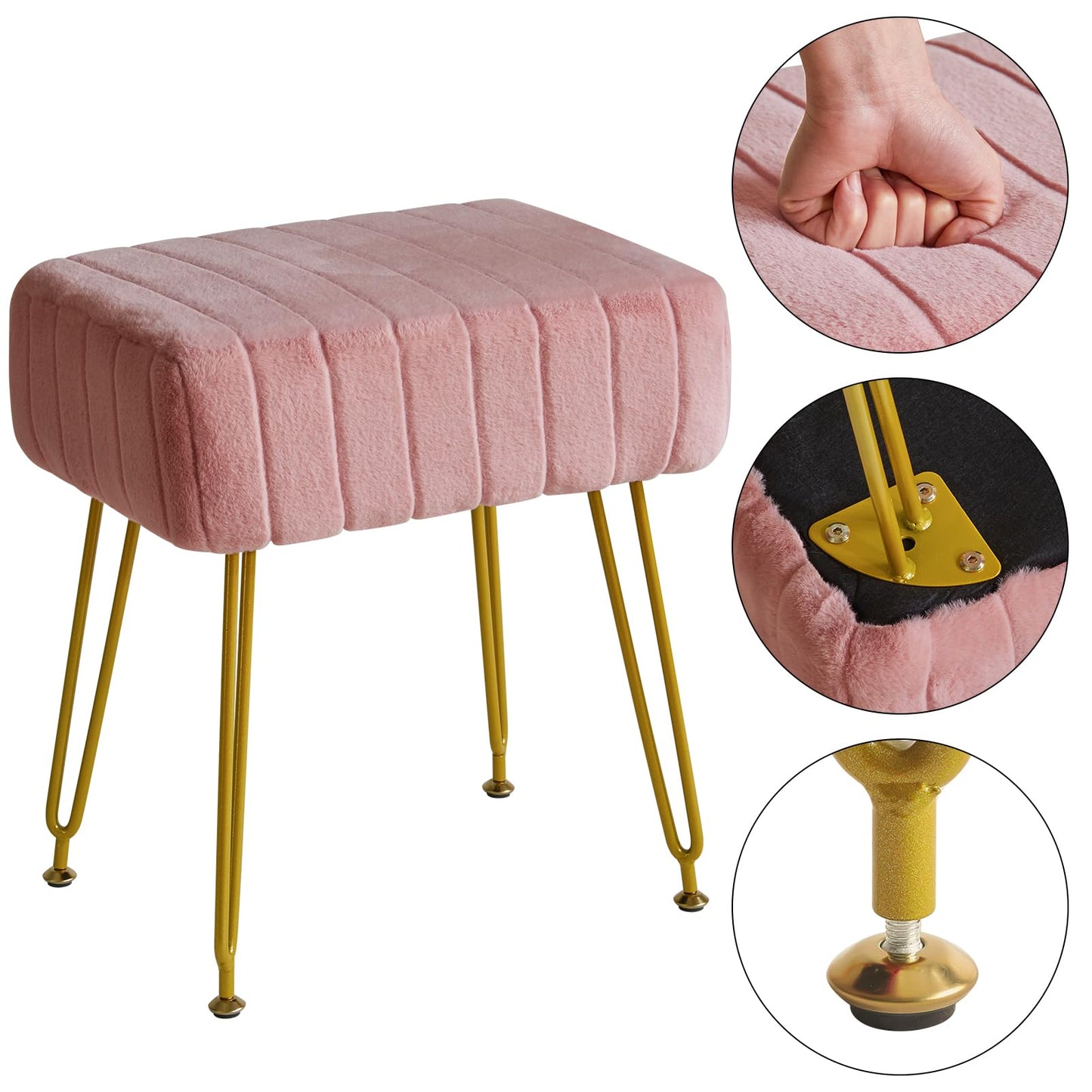IBUYKE Velvet Rectangular Footrest Ottoman, Makeup Vanity Stool Side Table, Velvet Dressing Table Seat, Pouf Couch Stool, Golden Steel Legs, Pink LG-51P