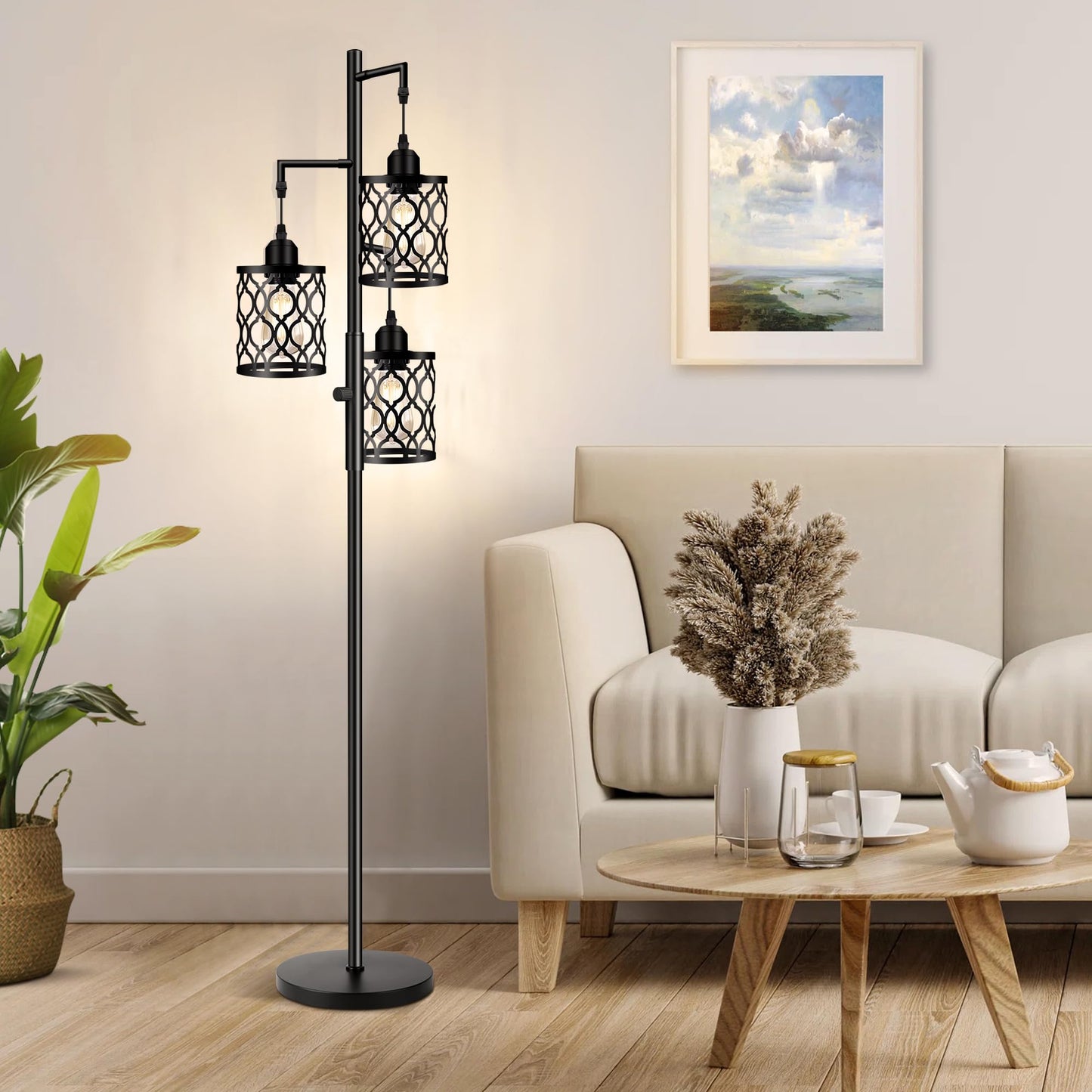 Dimmable Farmhouse Floor Lamp, Industrial Floor Lamp for Living Room with 3 X 6W LED Bulbs, 3 Light Rustic Standing Tall Lamp for Bedroom, Office, 68"