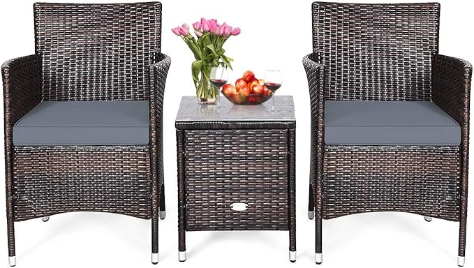 HAPPYGRILL 3-Pieces Patio Furniture Set Outdoor Wicker Rattan Conversation Set with Coffee Table Chairs & Thick Cushions Bistro Sets for Patio Garden Lawn Backyard Pool