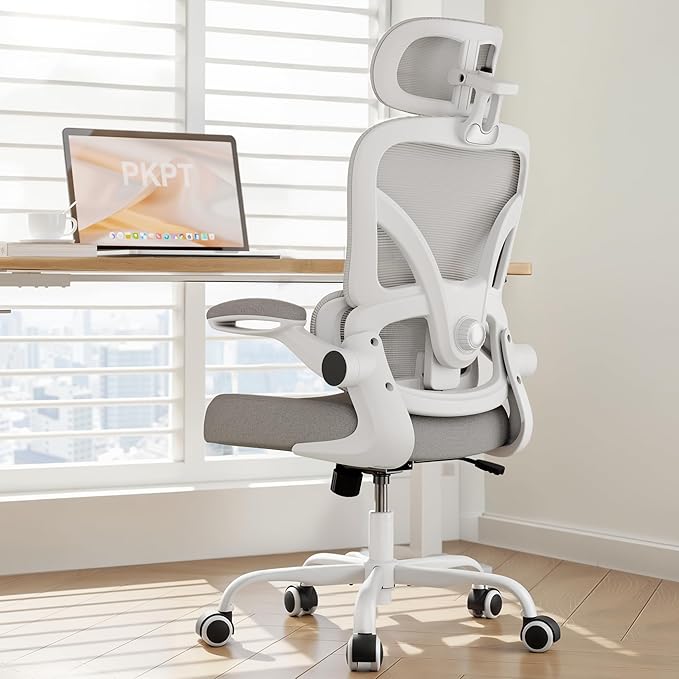 PKPT Ergonomic Office Chair, 330LBS Desk Chair with 3-Level Lumbar Support & Headrest, Breathable Mesh Backrest, Flip-Up A...