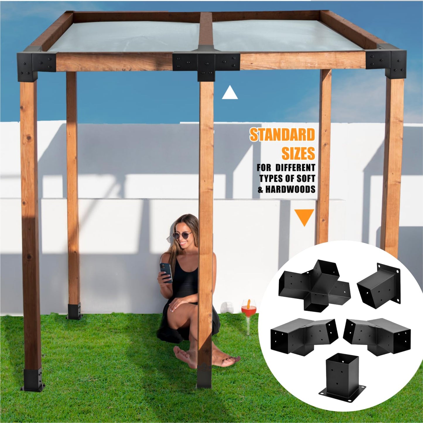 Pergola Kit, 15° 3-Way Slanted Roof Pergola Bracket Set, Roof Wall Mount Extension Bracket 4" x 4" (Actual 3.5" X 3.5") - Set 9