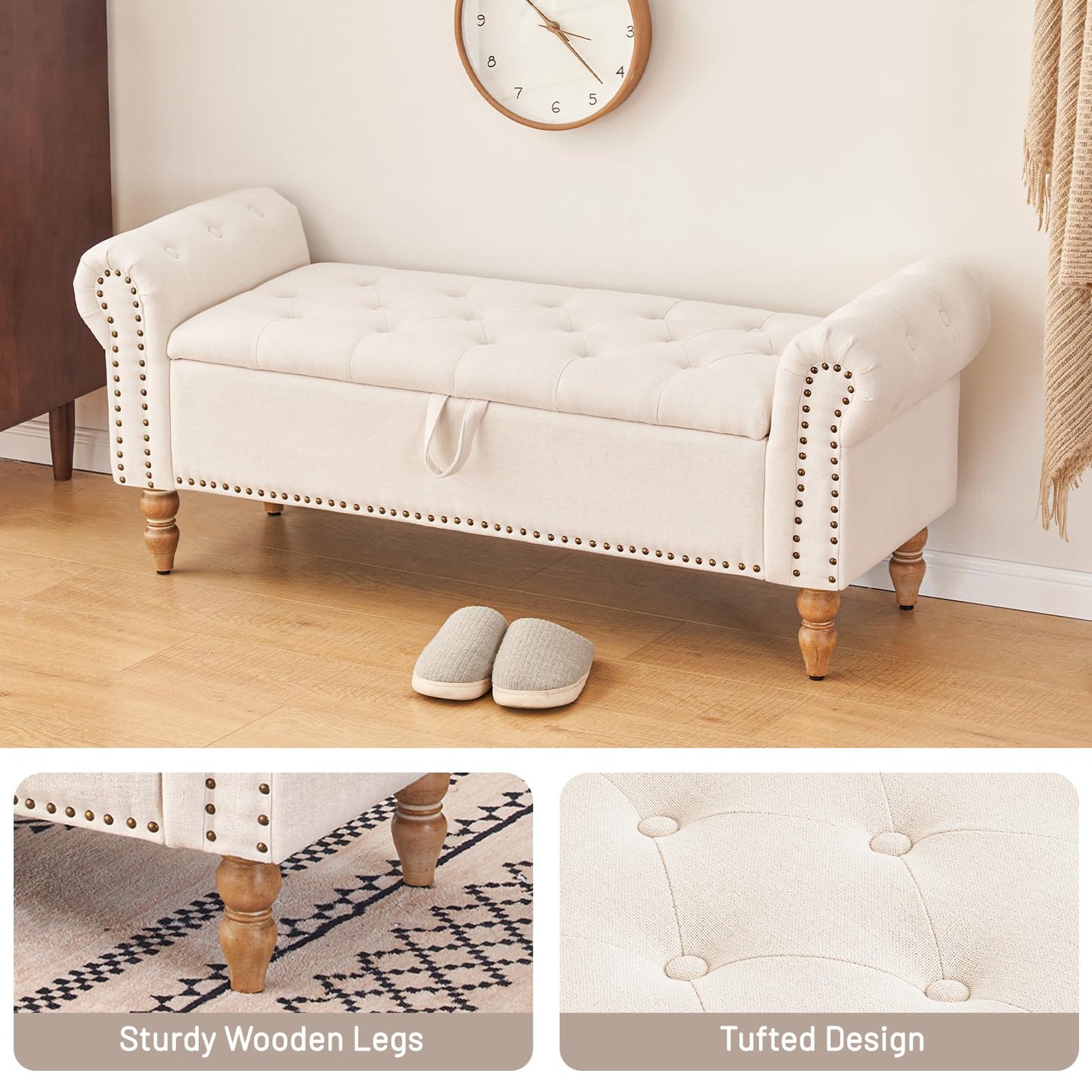 Furniliving 51” Storage Benches, End of Bed Bench with Button-Tufted Large Upholstered Storage Ottoman Linen Window Bench with Storage Shoe Cabinet Bench, for Bedroom, Entryway, Closet, Beige