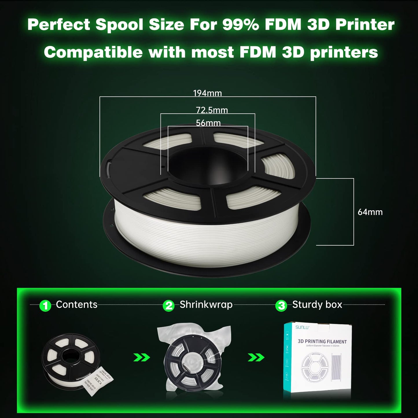 SUNLU Glow in The Dark PLA Filament, Neatly Wound Luminous PLA 3D Printer Filament 1.75mm Dimensional Accuracy +/- 0.02mm, Fit Most FDM 3D Printers, 1kg Spool (2.2lbs), (White PLA, Glow Green)