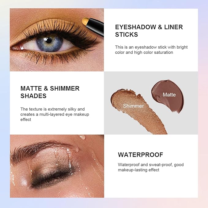 CHIFURE Eyeshadow Stick, Shimmer and Matte Cream Eye Shadow Brightener Sticks Eyeliner Pencil Crayon, Waterproof Long Lasting Eye Highlighter Stick Makeup,0.056 Oz(Matte)