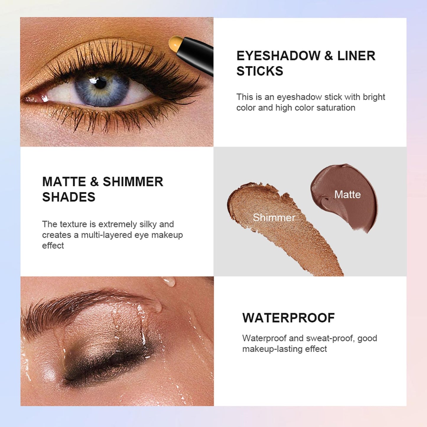 CHIFURE Eyeshadow Stick, Shimmer and Matte Cream Eye Shadow Brightener Sticks Eyeliner Pencil Crayon, Waterproof Long Lasting Ey