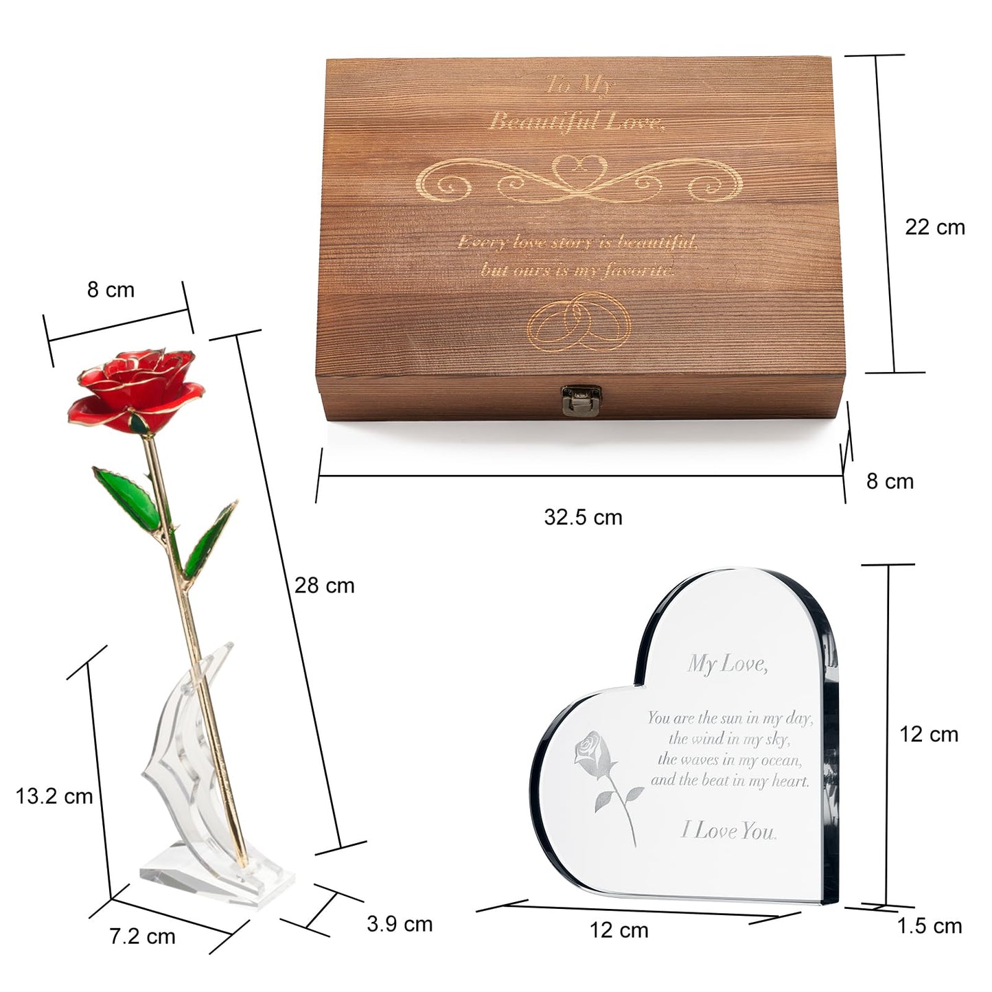 Gift for Anniversary to Wife, Her – Engraved Wooden Set 'To My Love' with Crystal Engraved Heart & 24K Gold Dipped Rose – Romantic Birthday Gifts for Women, Girlfriend, Unique Love Gift Idea